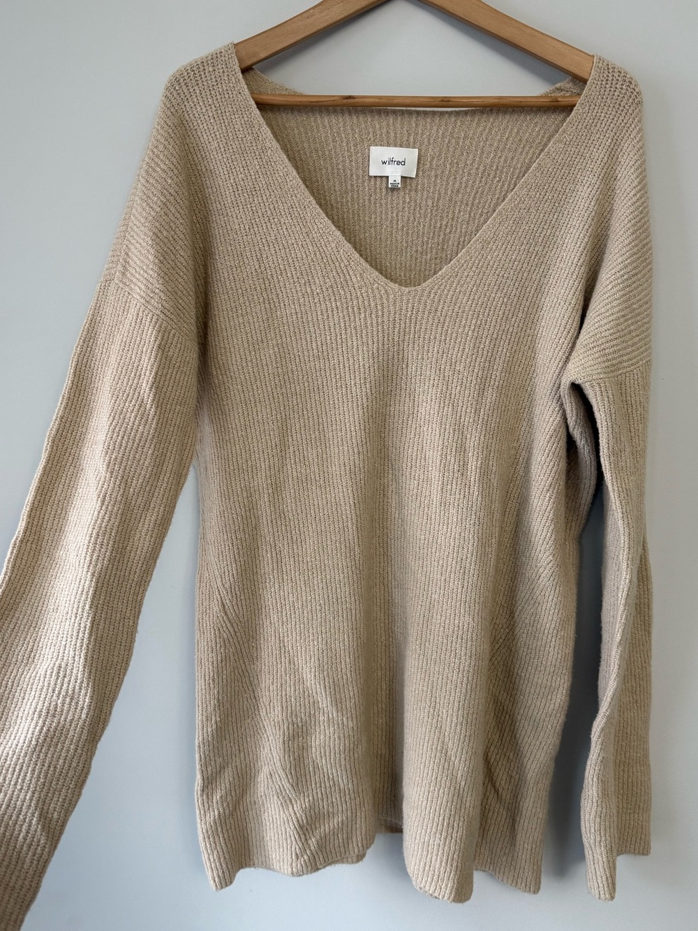 (M) Wilfred Taupe V-Neck Rib Knit Sweater